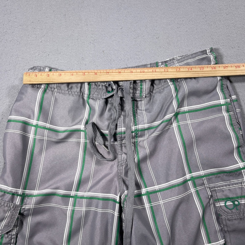 Ocean Pacific Plaid Board Shorts Men Medium Grey Green Cargo Swim Trunks Vintage - Picture 6 of 9